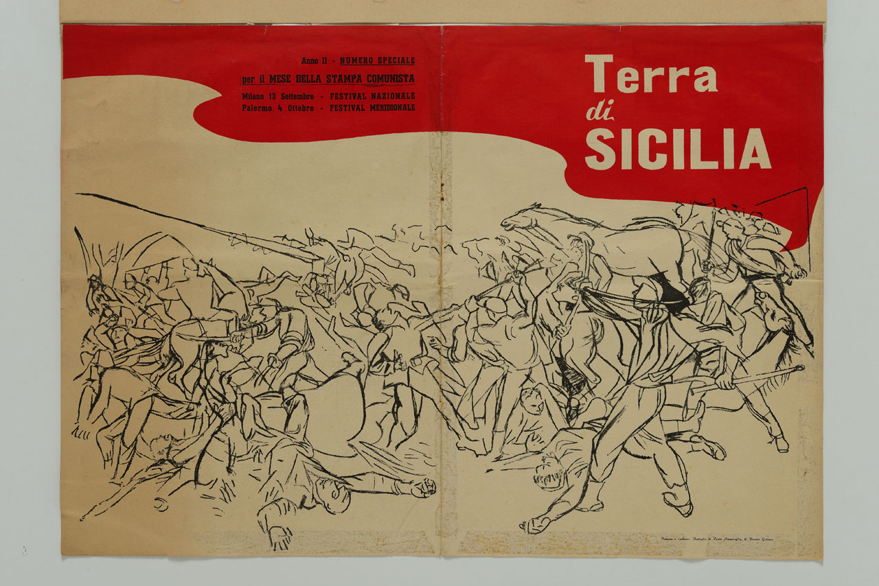 (recto) disegno di Renato Guttuso raffigurante la Battaglia di Ponte Ammiraglio; (verso) iscrizioni (manifesto) - ambito italiano (sec. XX)