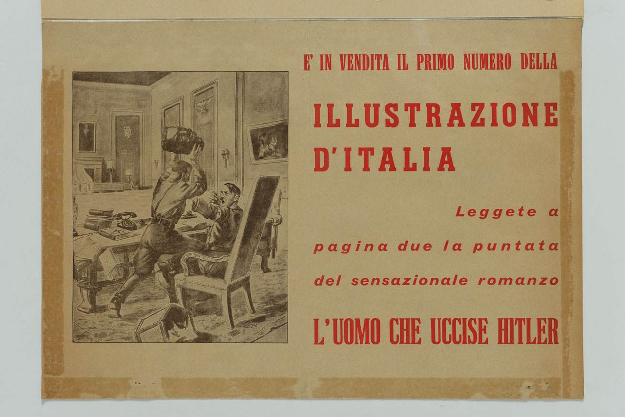 uomo aggredisce Hitler nel suo studio (manifesto) - ambito italiano (sec. XX)