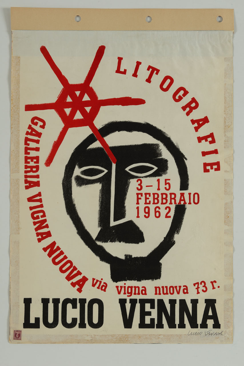 volto maschile stilizzato con simbolo rosso (manifesto) di Venna Lucio (sec. XX)