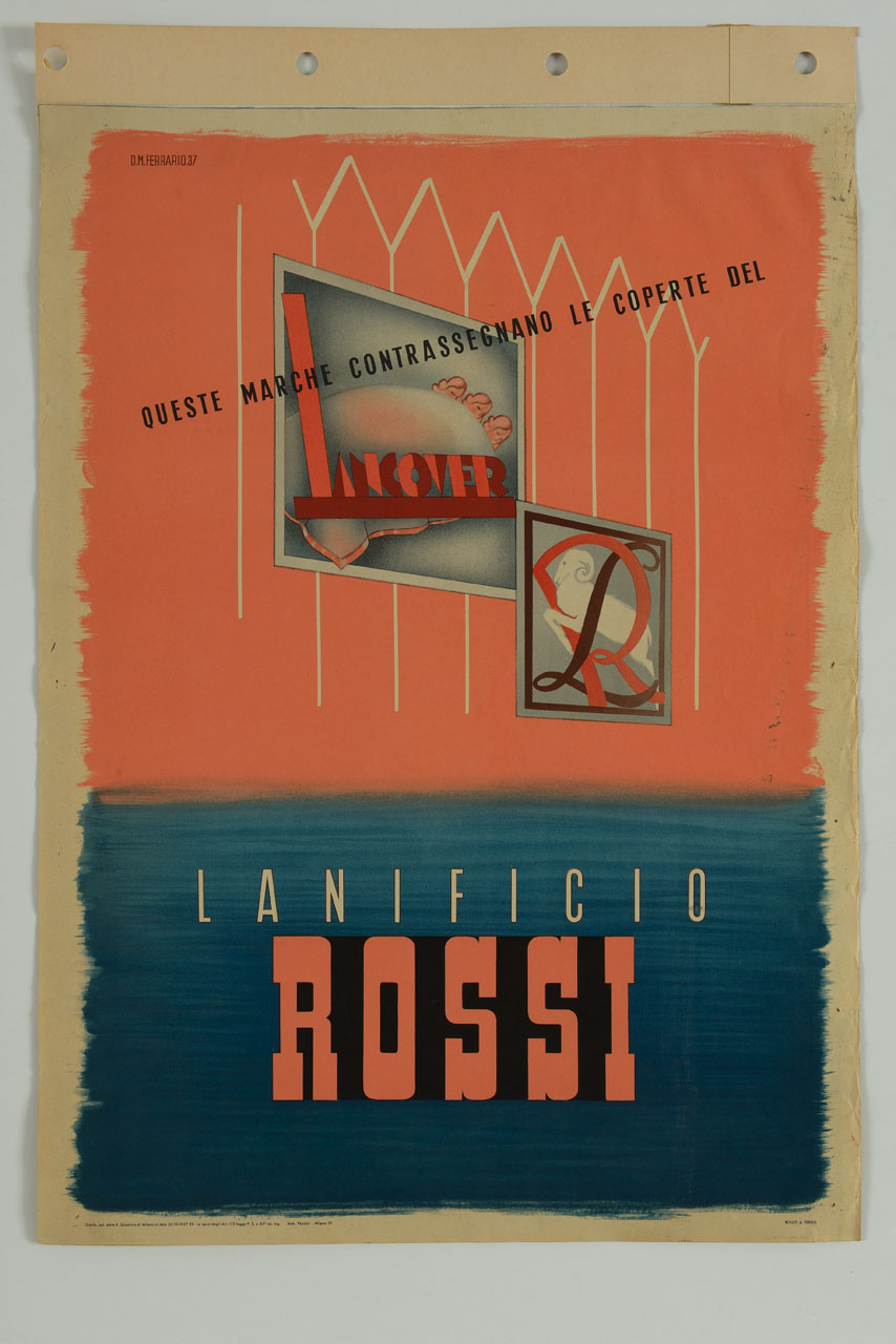 staccionata con loghi pubblicitari raffiguranti tre donne che dormono sotto coperta bianca e ariete bianco tra lettere LR incrociate; mare in basso (manifesto) - ambito italiano (sec. XX)