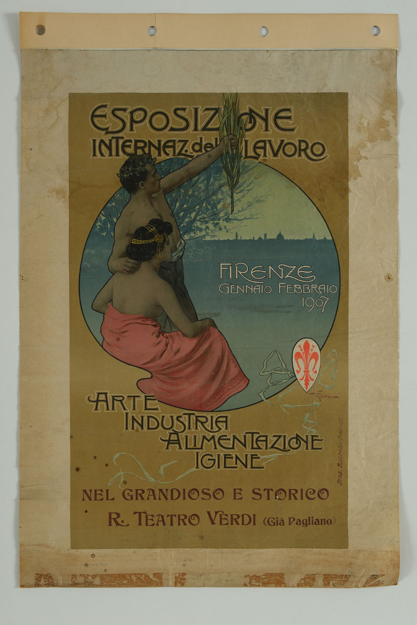 donna nuda seduta, coperta da drappo rosso, con uomo a torso nudo con il capo coronato di alloro e ramo d'ulivo in mano; stemma di Firenze e panorama della città sul fondo (manifesto) di Faini Virgilio Dante (sec. XX)