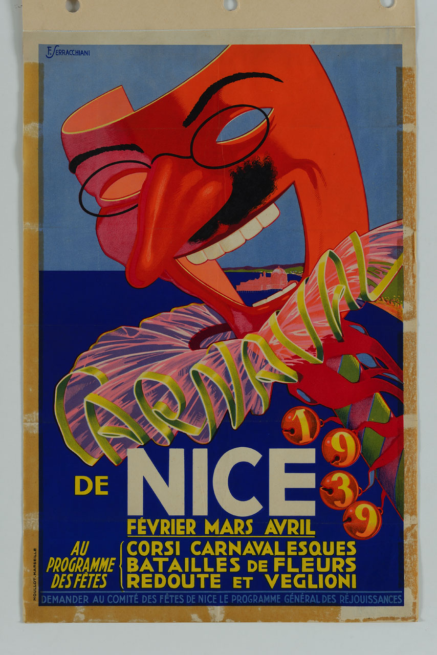 maschera di Carnevale e sullo sfondo una spiaggia con mare (manifesto) di F. Serracchiani - ambito francese (XX)