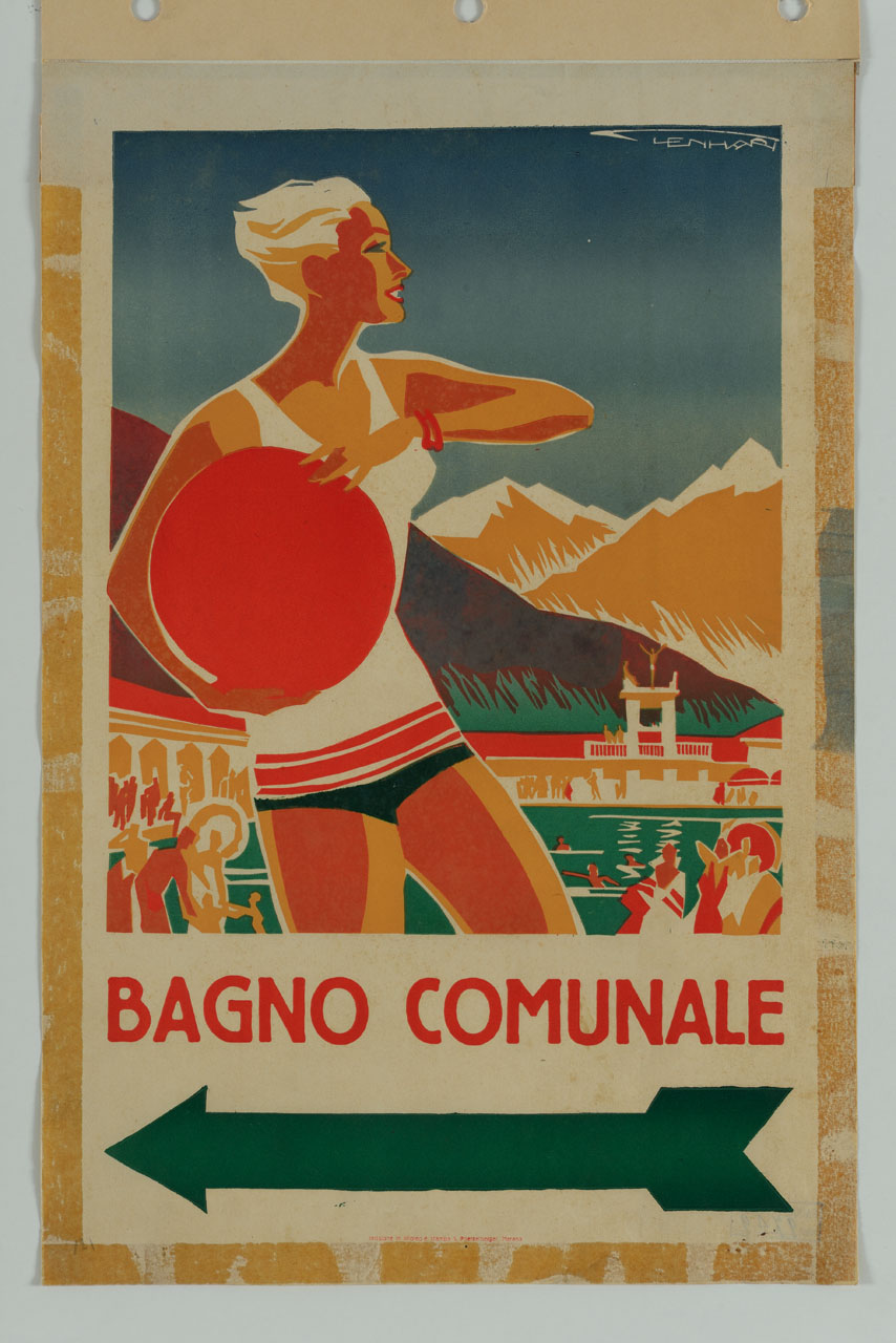 donna in costume da bagno con pallone; piscina e bagnanti sul fondo (manifesto) di Lenhart Franz (sec. XX)