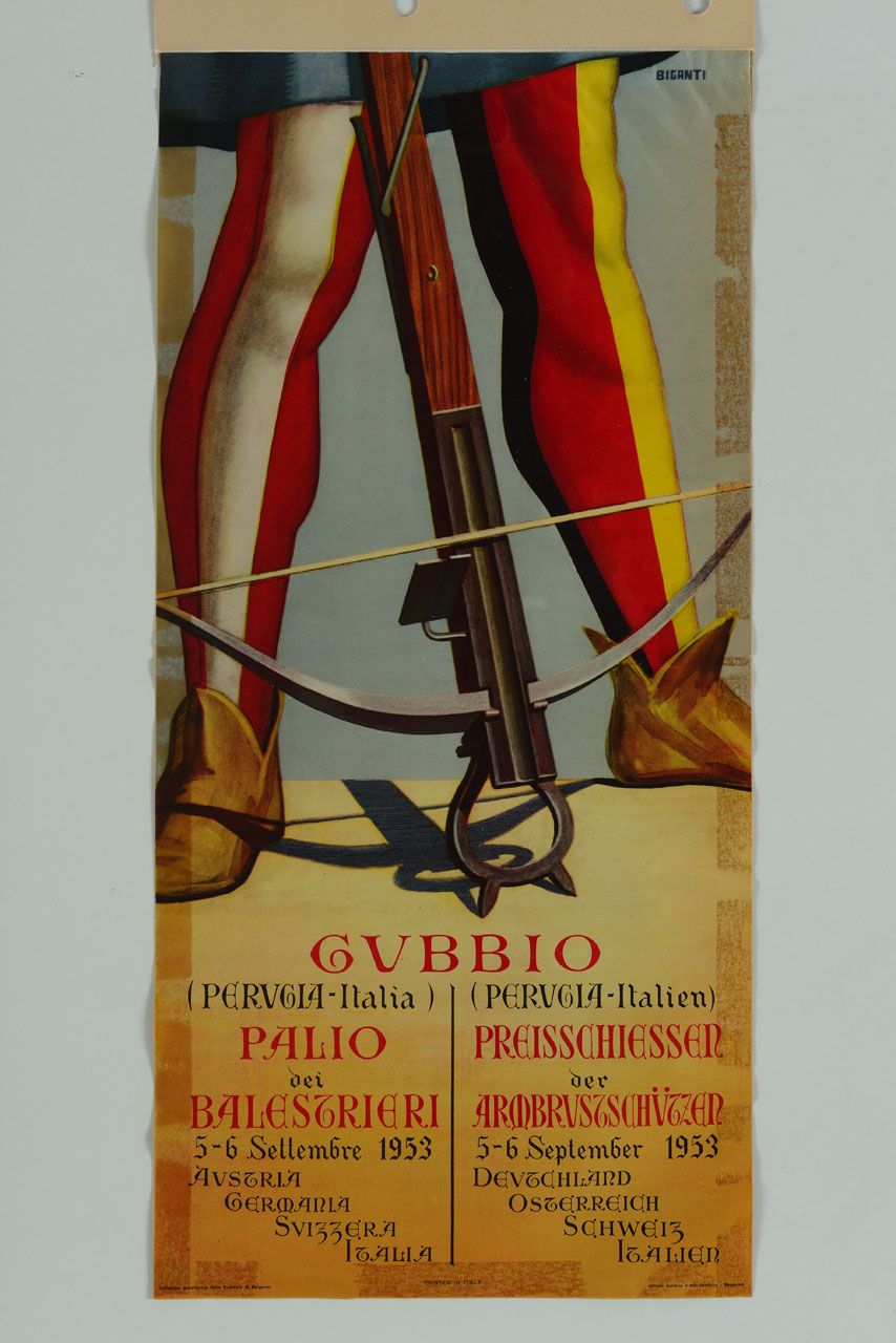 gambe maschili con calzamaglia colorata e balestra (manifesto) di Biganti Edmondo (sec. XX)