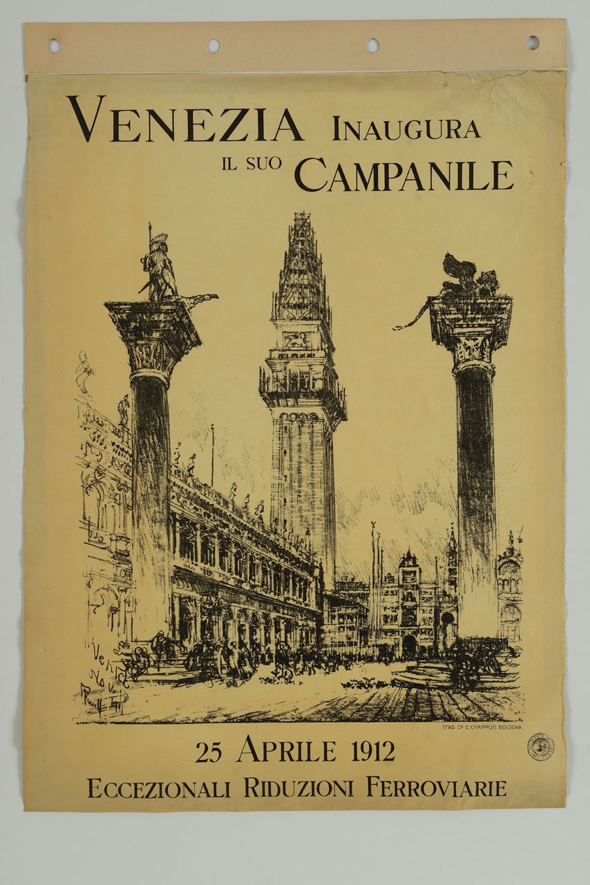 veduta di pizza San Marco con campanile ricostruito (manifesto) - ambito veneziano (sec. XX)