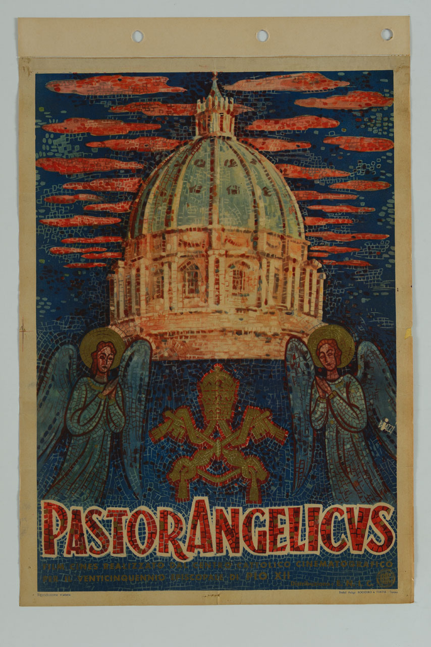 mosaico con due angeli a mani giunte, in mezzo una tiara; sullo sfondo cupola della Basilica di San Pietro (manifesto) di Biazzi Sandro (sec. XX)