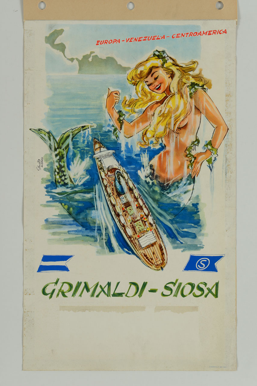 sirena sorridente con nave da crociera e carta geografica; bandiera della Grimaldi Lines e bandiera della SIOSA (manifesto) di Studio Alongi (sec. XX)