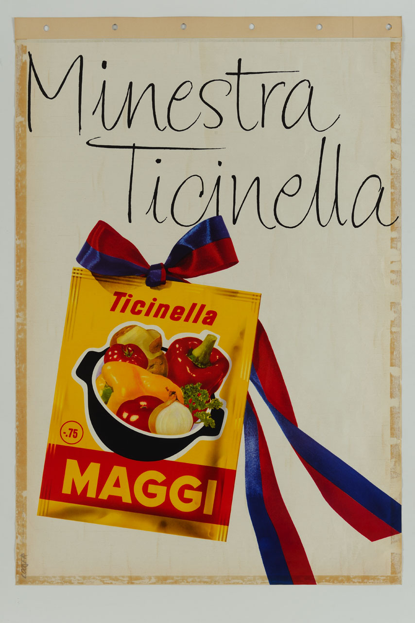 una busta di minestra di verdure liofilizzata Ticinella Maggi, decorata con un fiocco a righe rosse e blu (manifesto) di Looser Hans (sec. XX)
