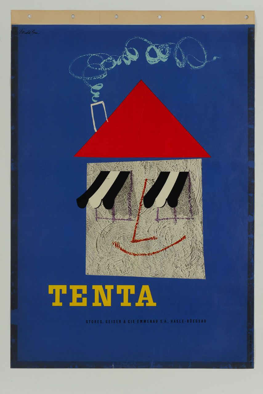 disegno di una casa con occhi naso e bocca, le cui ciglia sono formate da due tende a riche bianche e nere; sul tetto rosso il camino fuma (manifesto) di Brun Donald (sec. XX)