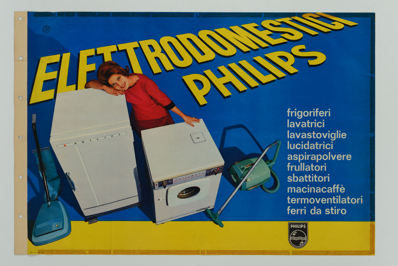 figura femminile che mostra quattro elettrodomestici Philips (manifesto) - ambito italiano (sec. XX)