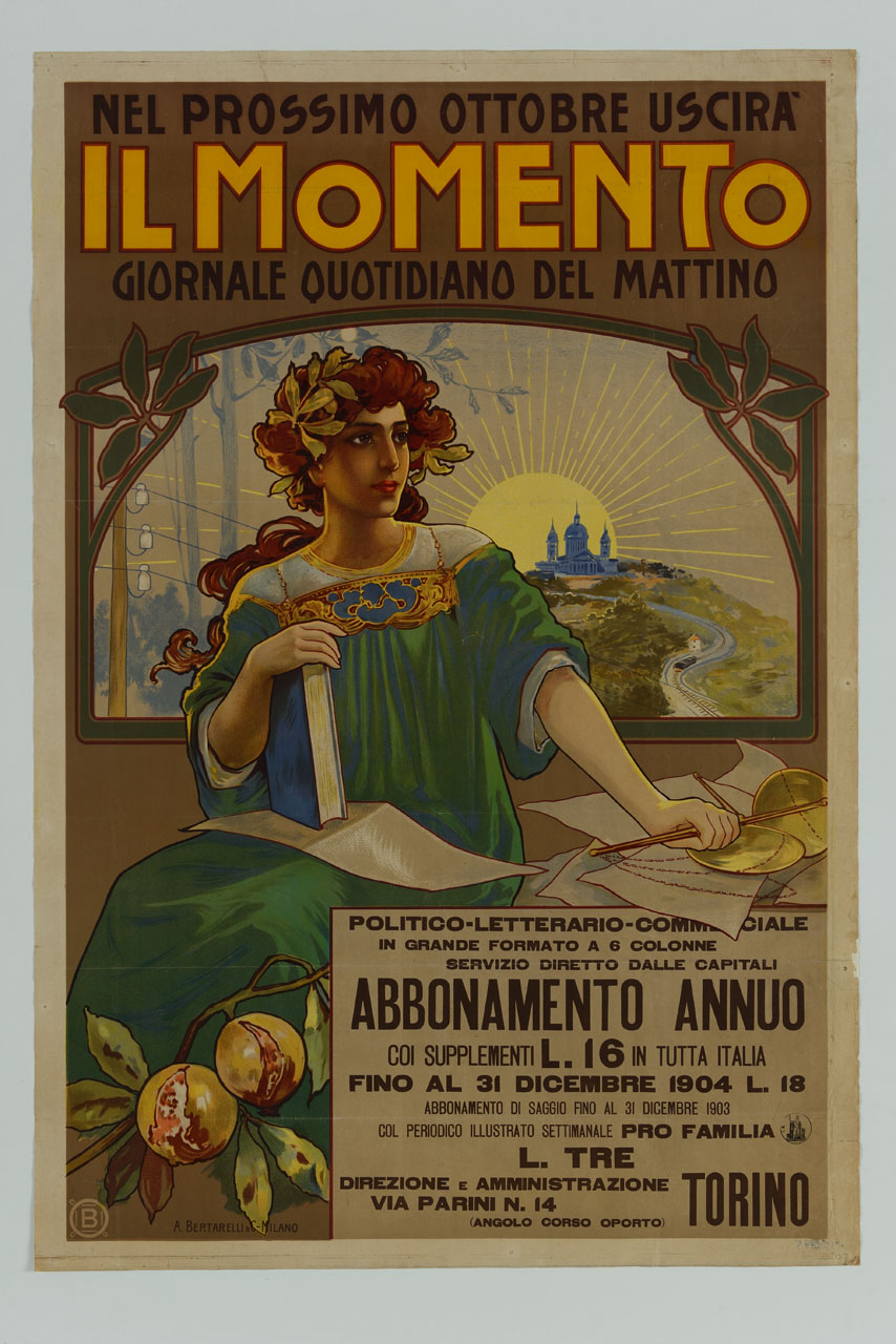 figura femminile coronata, in abiti ottocenteschi davanti ad una scrivania con carte, una bilancia, libri e in primo piano due melograni; sullo sfondo la basilica di Superga (manifesto) di Ballerio Osvaldo (sec. XX)