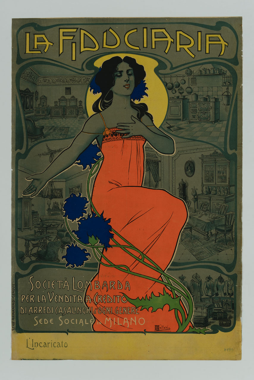 figura femminile avvolta da fiori blu e cornici con linee ondulate entro cui sono rappresentati interni domestici (manifesto) di Ballerio Osvaldo (sec. XX)