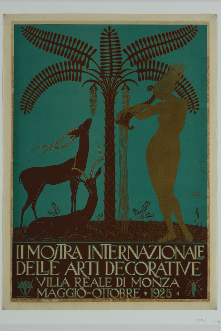 gazzelle sotto palma con donna nuda che sparge oro da cornucopia (manifesto) di Guerrini Giovanni (sec. XX)