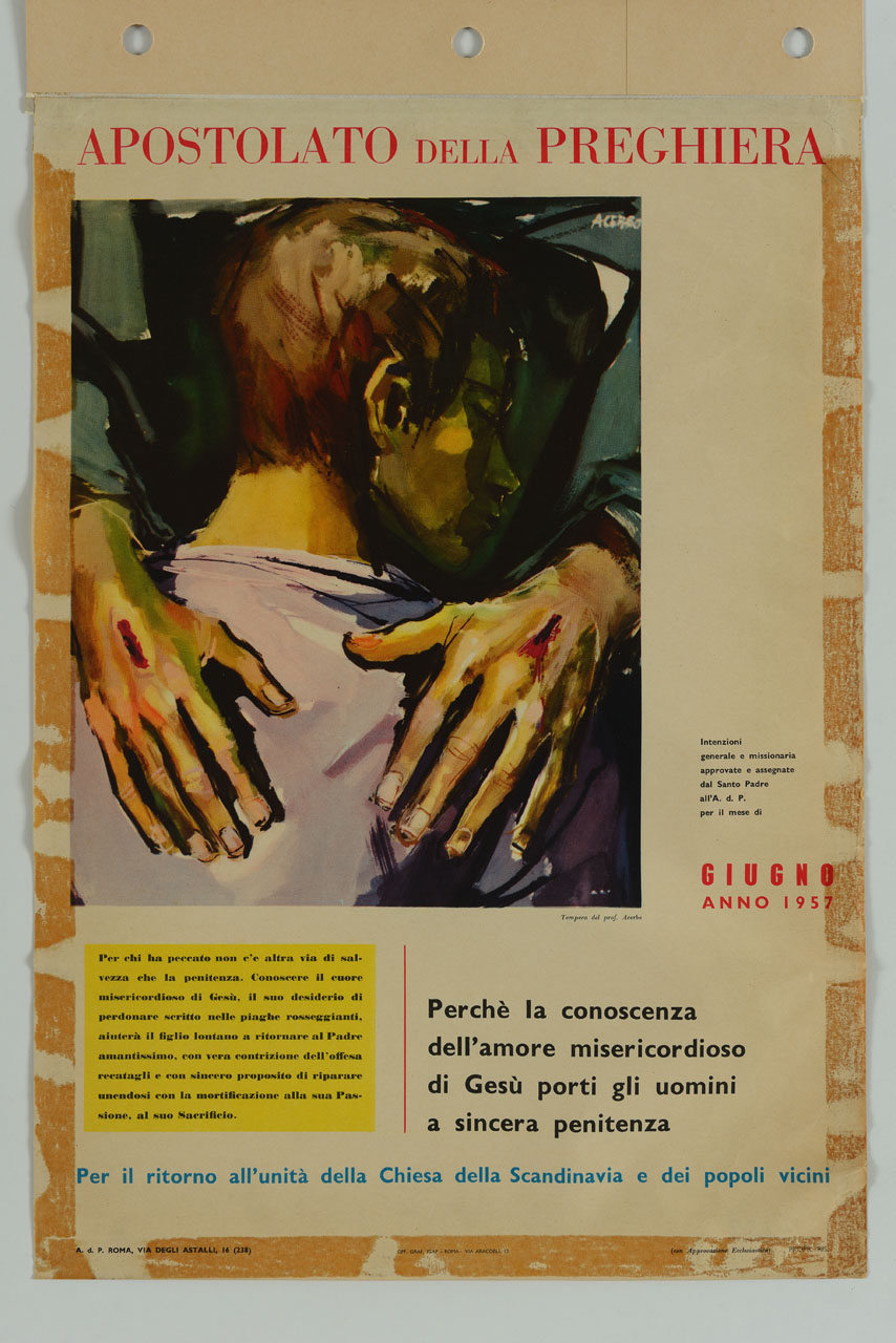 particolare di dipinto del prof. Acerbo raffigurante ragazzo di spalle abbracciato da Gesù (manifesto) - ambito italiano (sec. XX)