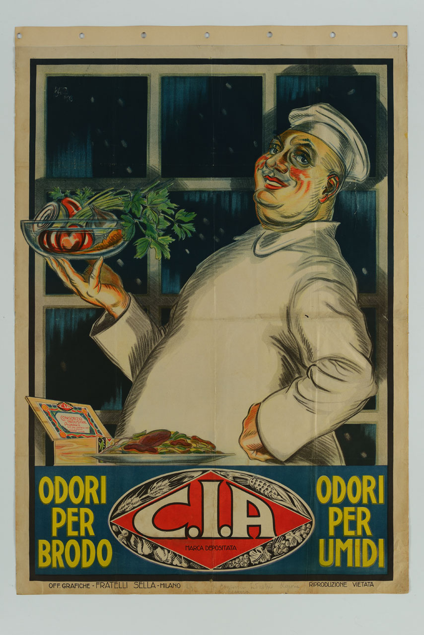 cuoco che mostra una ciotola con ortaggi, un piatto di spaghetti ed una confezione di preparati per brodo vegetale (manifesto) di Bazzi Mario (sec. XX)