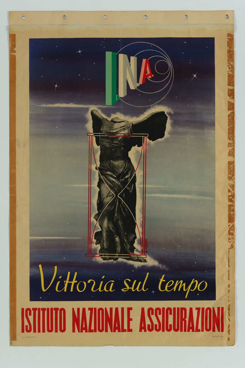 la Nike di Samotracia all'interno di una clessidra; sopra la scritta INA con il tricolore italiano vicino a dei cerchi concentrici in un cielo stellato (manifesto) di Mercuri A (sec. XX)