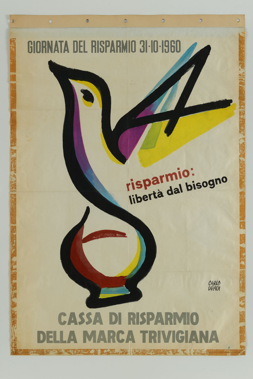 disegno stilizzato di una colomba, simbolo di libertà, terminante nella parte inferiore in un salvadanaio (manifesto) di Dradi Carlo (sec. XX)