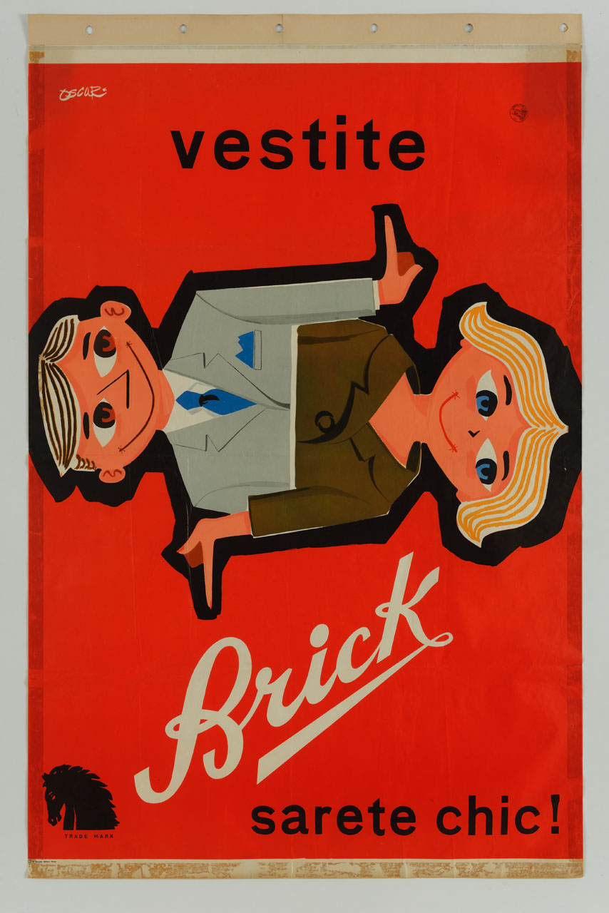 disegno di due bambini in posizione orizzonatle, uniti all'altezza del busto; quello di sinistra indossa una giacca gragia, quello di destra una giacca marrone (manifesto) di Oscar (sec. XX)