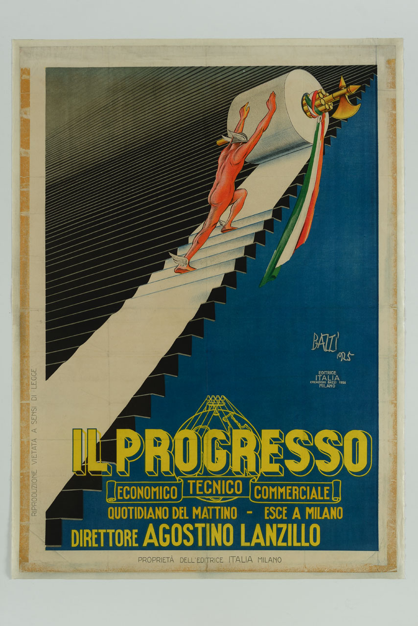 Mercurio che spinge sopra una scalinata un rotolo di carta avvolto in un fascio littorio con Bandiera Italiana (manifesto) di Bazzi Mario (sec. XX)