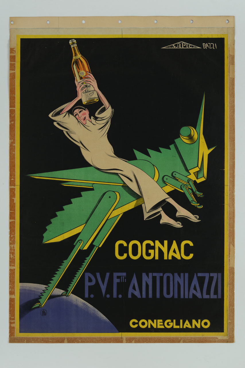 Pulcinella con una bottiglia di cognac seduto su un grillo meccanico gigante (manifesto) di Bazzi Mario (sec. XX)