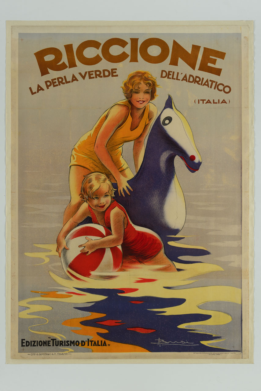 una ragazza ed un bambino che giocano nell'acqua con dei giochi gonfiabili (manifesto) di Busi Adolfo (sec. XX)