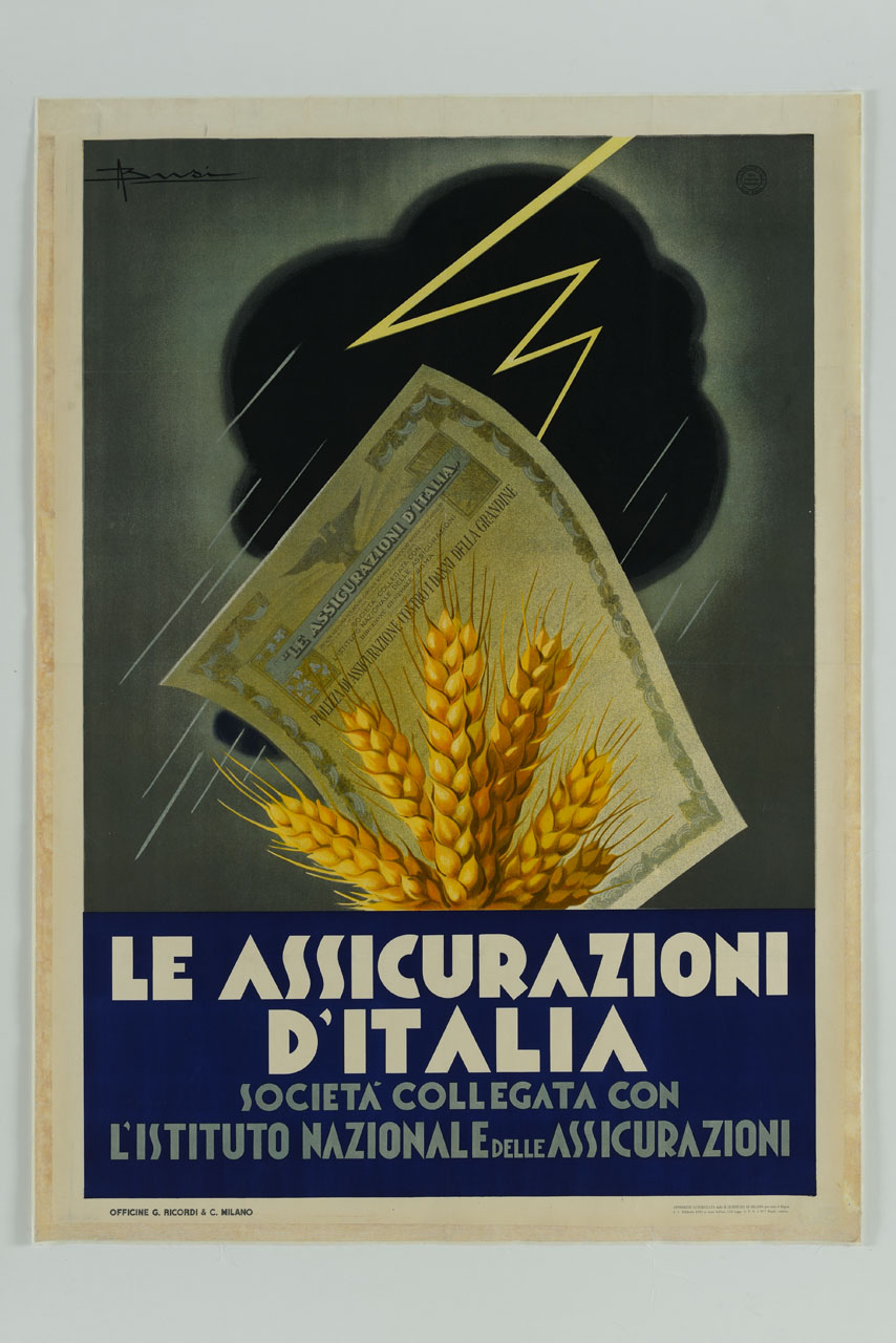polizza assicurativa, spighe di grano e tempesta con nuvola, lampo e pioggia (manifesto) di Busi Adolfo (sec. XX)