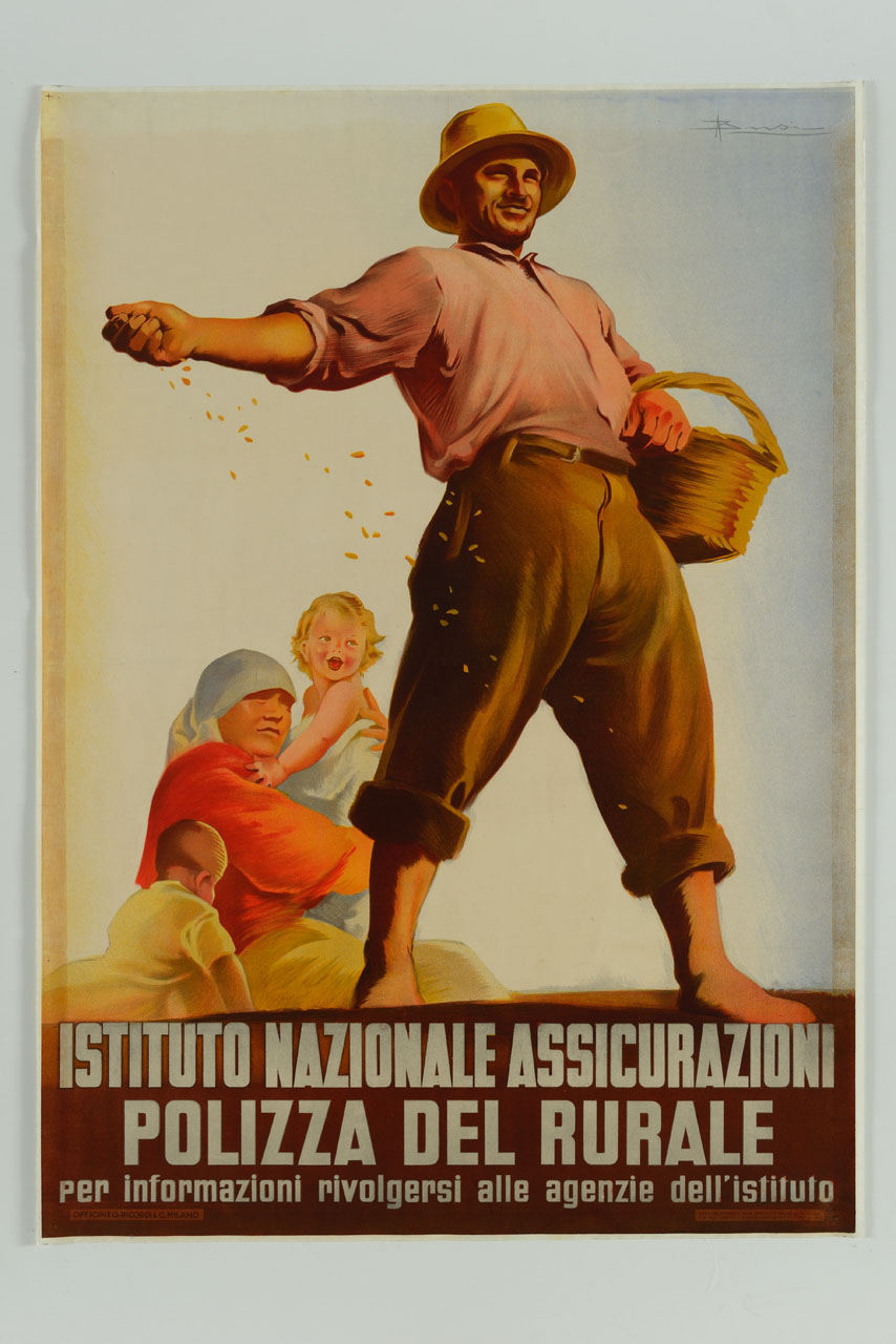 contadino che semina in primo piano e sullo sfondo la sua famiglia (manifesto) di Busi Adolfo (sec. XX)