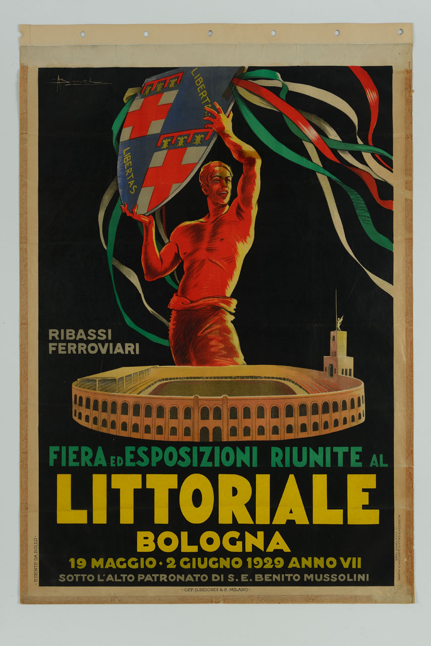 figura maschile che mostra lo stemma della città di Bologna e il Littoriale in primo piano (manifesto) di Busi Adolfo (sec. XX)