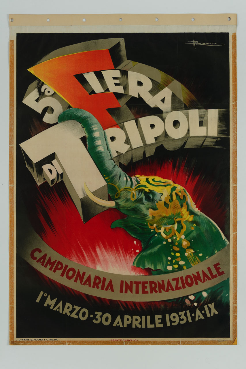 elefante con muso adorno d'oro che cinge una scritta con la proboscide (manifesto) di Busi Adolfo (sec. XX)