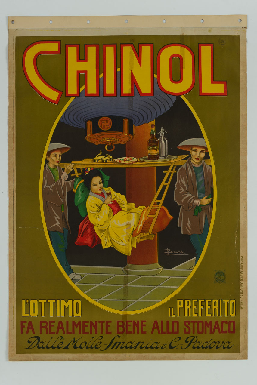 interno giapponese con figure in abiti tradizionali; figura femminile che beve un chinol mentre è seduta su un Kago trasportato a braccia (manifesto) di Busi Adolfo (sec. XX)