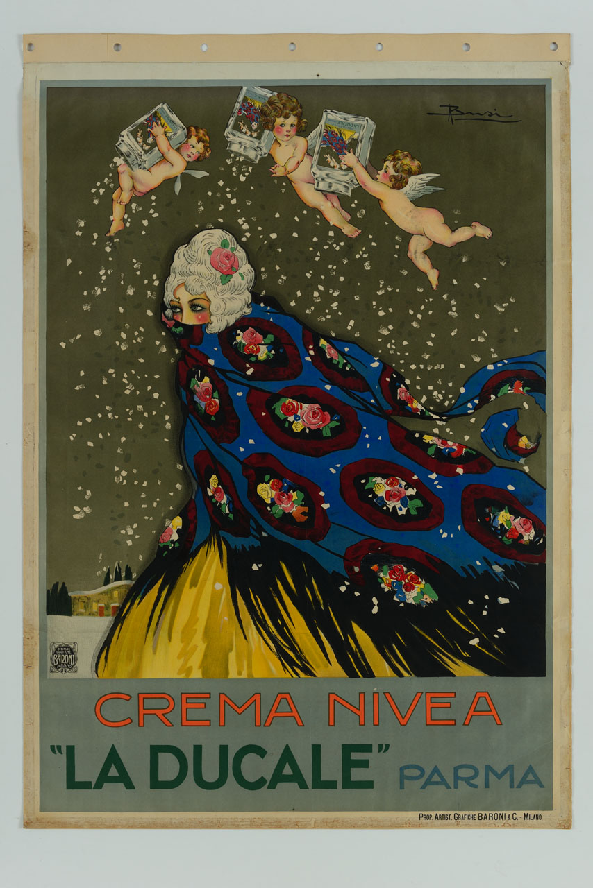 esterno innevato con figura femminile con parrucca avvolta in uno scialle e ricoperta da fiocchi di crema sparsi da angioletti (manifesto) di Busi Adolfo (sec. XX)