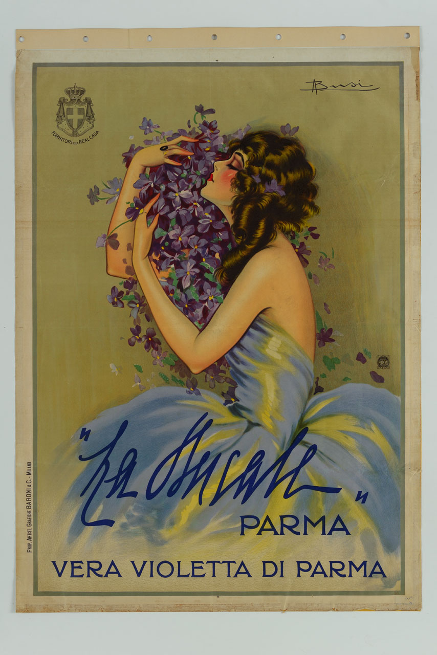 figura femminile in abito da sera che stringe un grande mazzo di violette (manifesto) di Busi Adolfo (sec. XX)