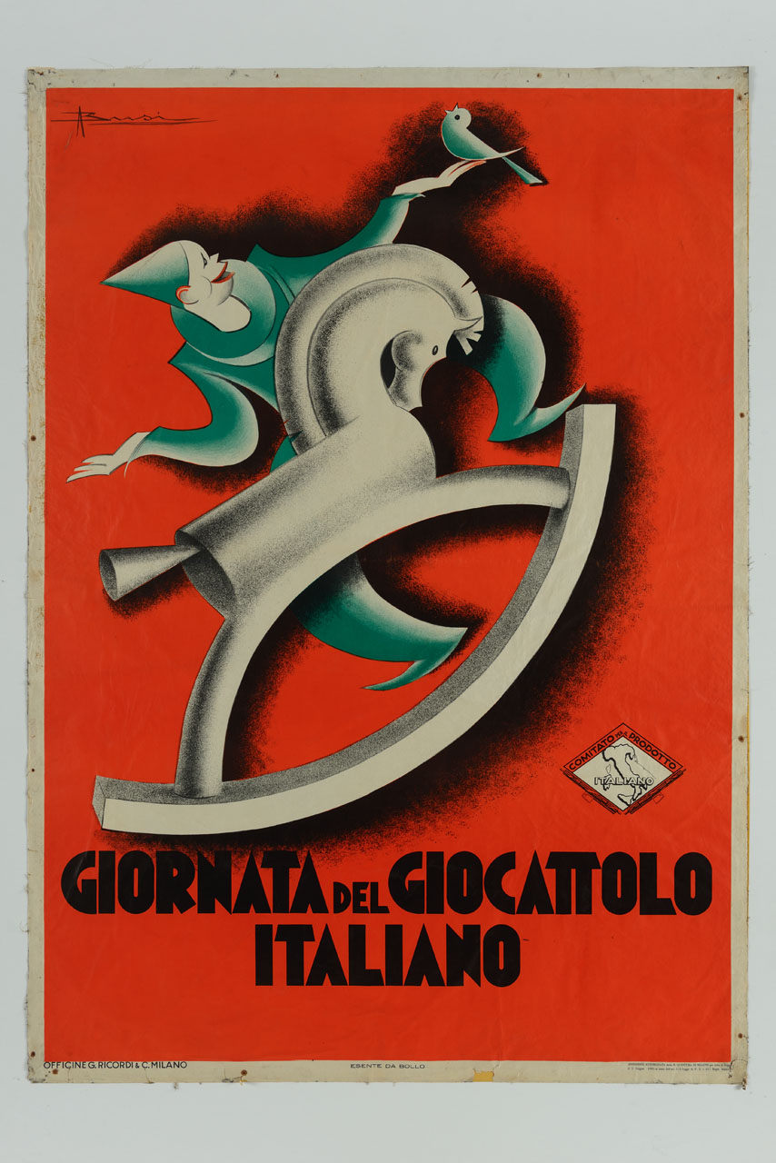 cavallo a dondolo, maschera ed ucccellino (manifesto) di Busi Adolfo (sec. XX)