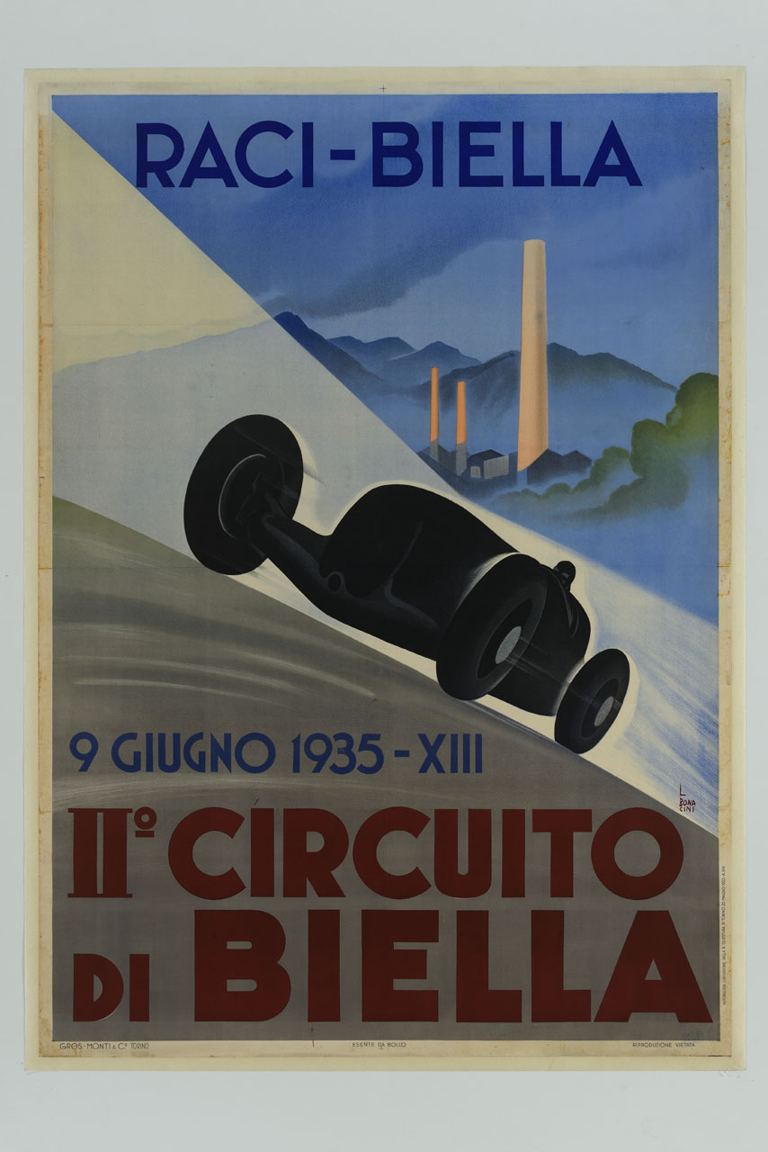 auto da corsa che sfreccia sul circuito di Biella (manifesto) di Busi Adolfo (sec. XX)