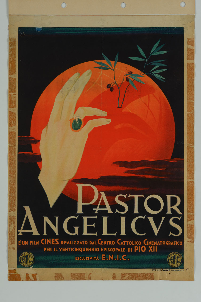 mano con anello pontificale benedice globo terrestre con ramoscello d'ulivo (manifesto) - ambito italiano (sec. XX)