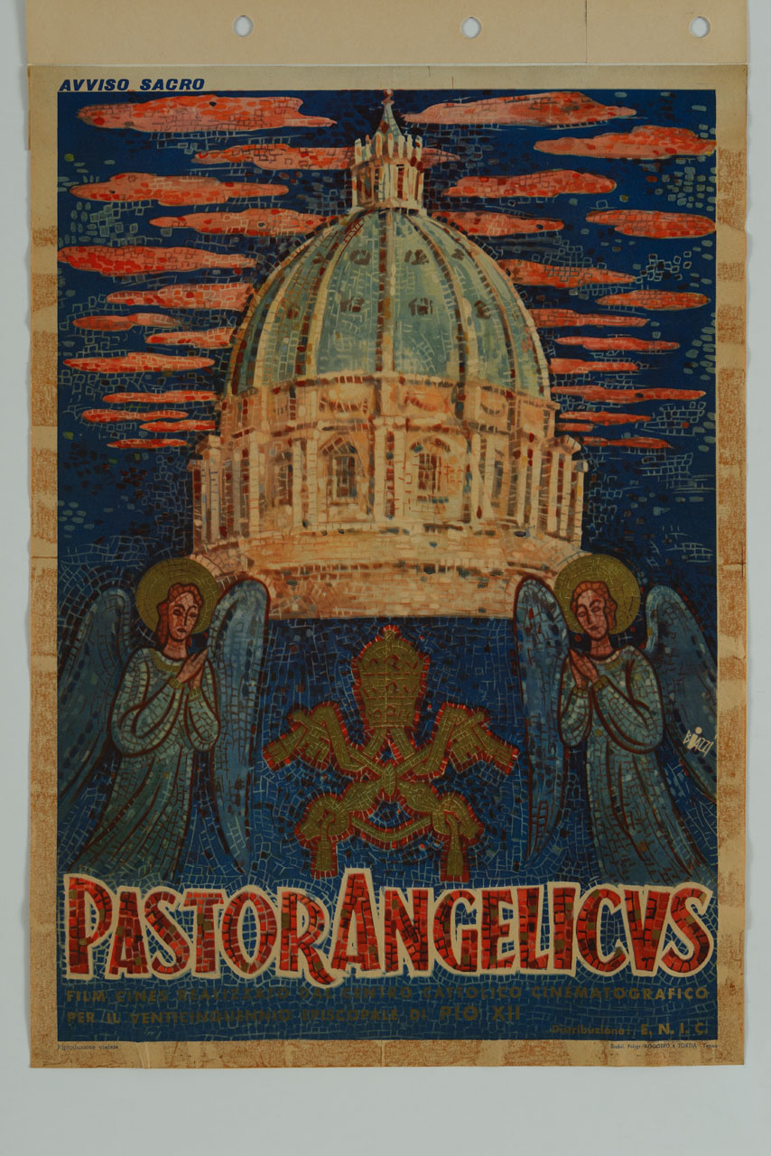 mosaico raffigurante la cupola di S. Pietro con due angeli ed emblema vaticano (manifesto) di Biazzi Sandro (sec. XX)