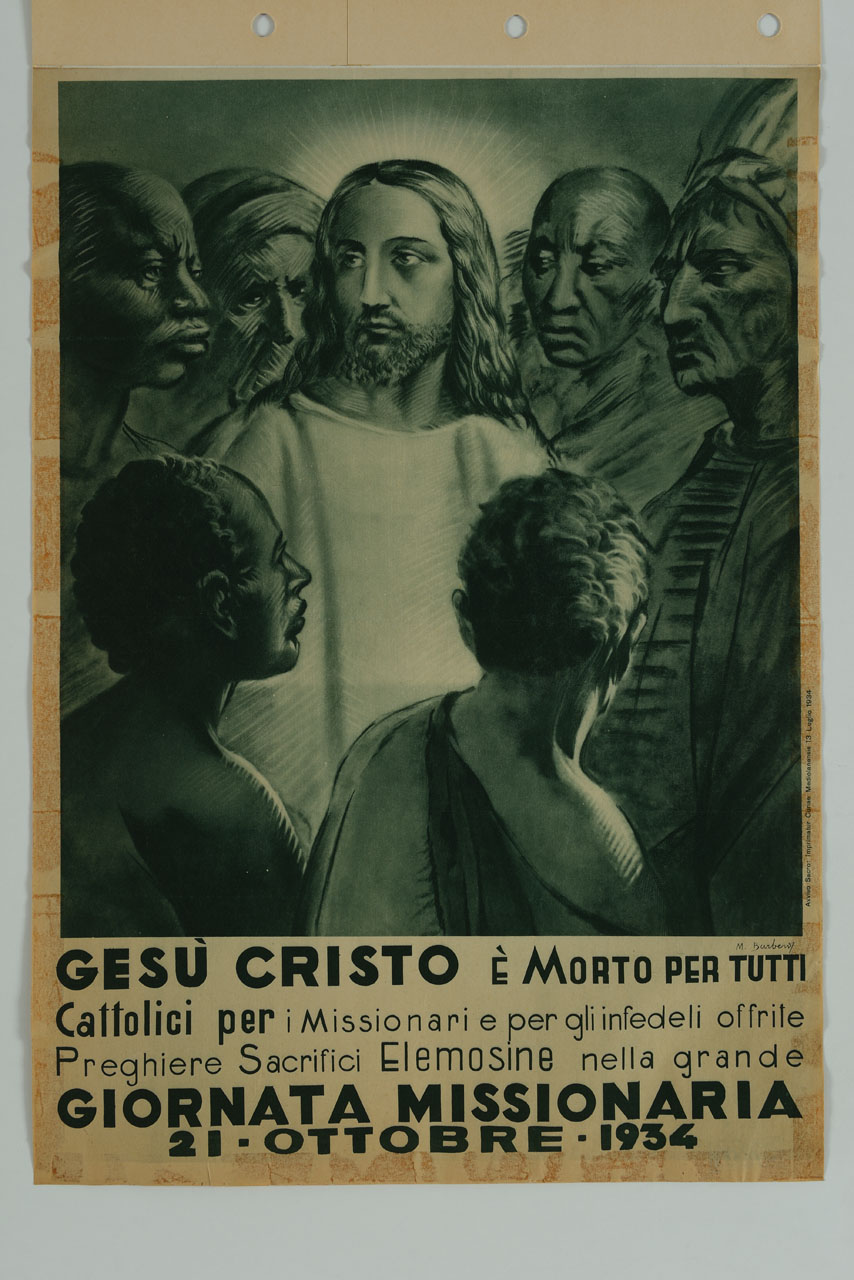 Gesù circondato da uomini di diverse razze ed etnie (manifesto) di Barberis Mario (sec. XX)