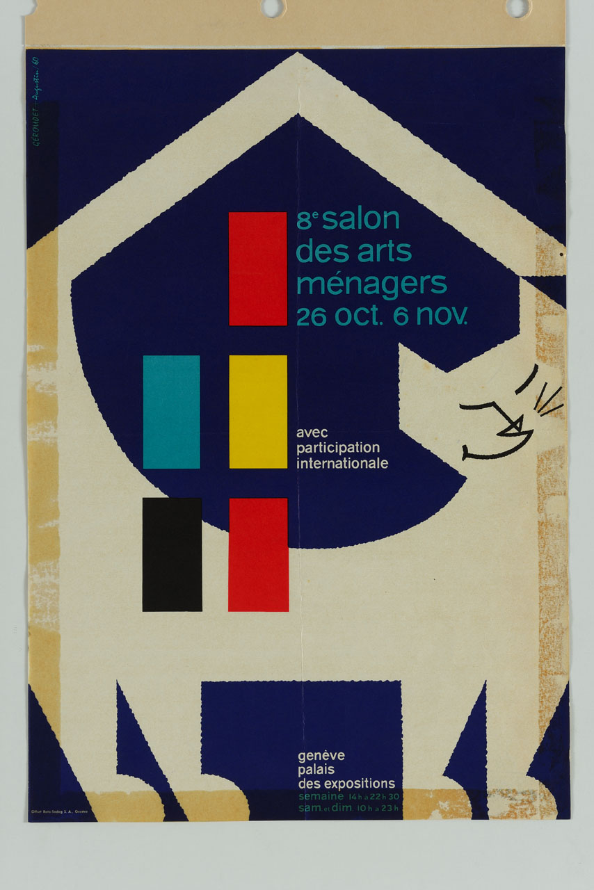 gatto bianco il cui corpo traccia la forma di una facciata di casa (manifesto) di GÉRONDET AUGUSTIN - ambito svizzero (XX)