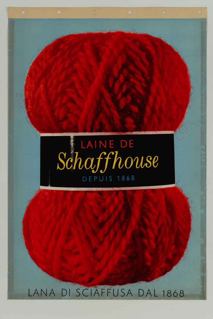 fotografia di un gomitolo di lana rossa Schaffhouse in verticale (manifesto) di Leupin Herbert (sec. XX)