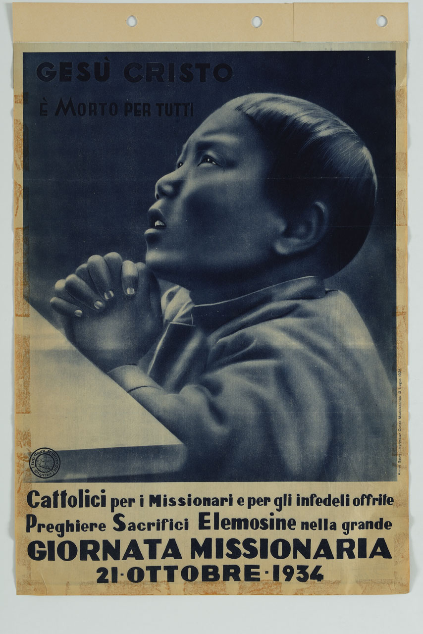 bambino orientale assorto in preghiera (manifesto) - ambito italiano (sec. XX)