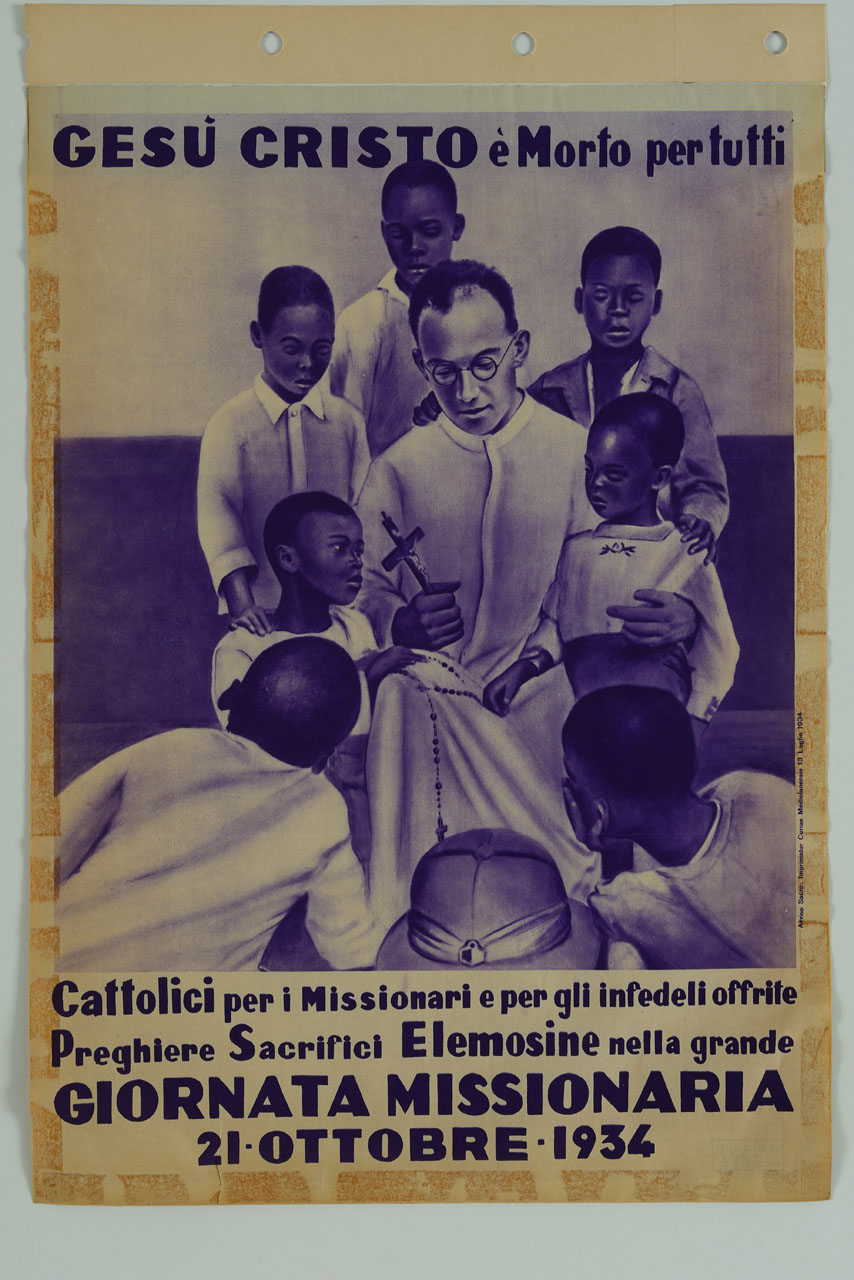 missionario cattolico con crocifisso e corona del rosario circondato da bambini di colore (manifesto) - ambito italiano (sec. XX)