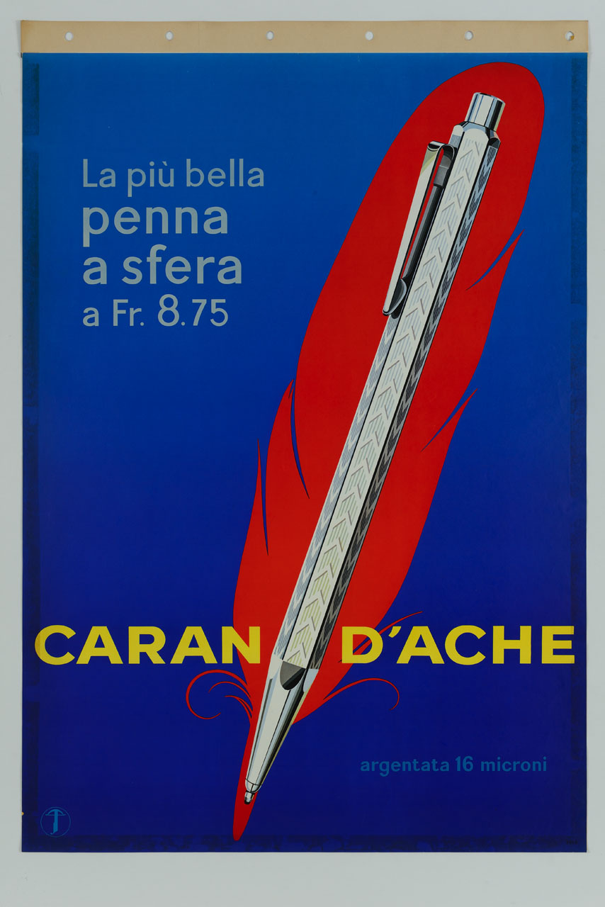 una penna a sfera Caran d'Ache sovrapposta a una penna d'oca rossa; in basso a sinistr la balestra, simbolo della società Swiss Label (manifesto) - ambito svizzero (sec. XX)