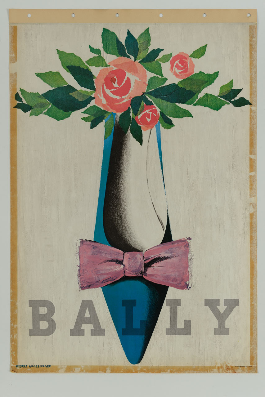 scarpa decoltée azzurra con fiocco rosa in verticale; sulla parte superiore tre rose rosa con foglie verdi (manifesto) di Augsburger Pierre (sec. XX)