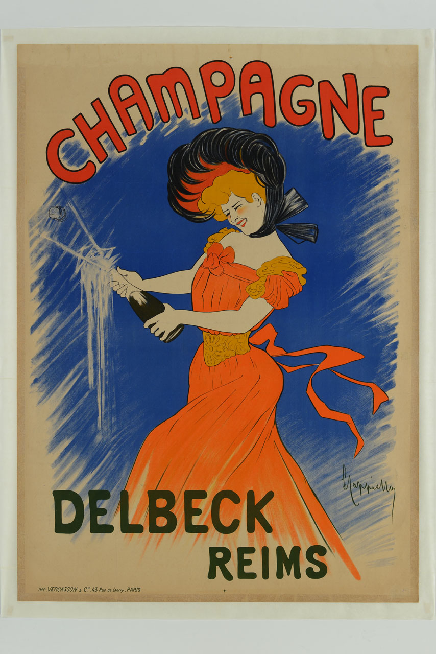 figura femminile con abito e copricapo Belle époque che stappa una bottiglia di champagne (manifesto) di Cappiello Leonetto (sec. XX)