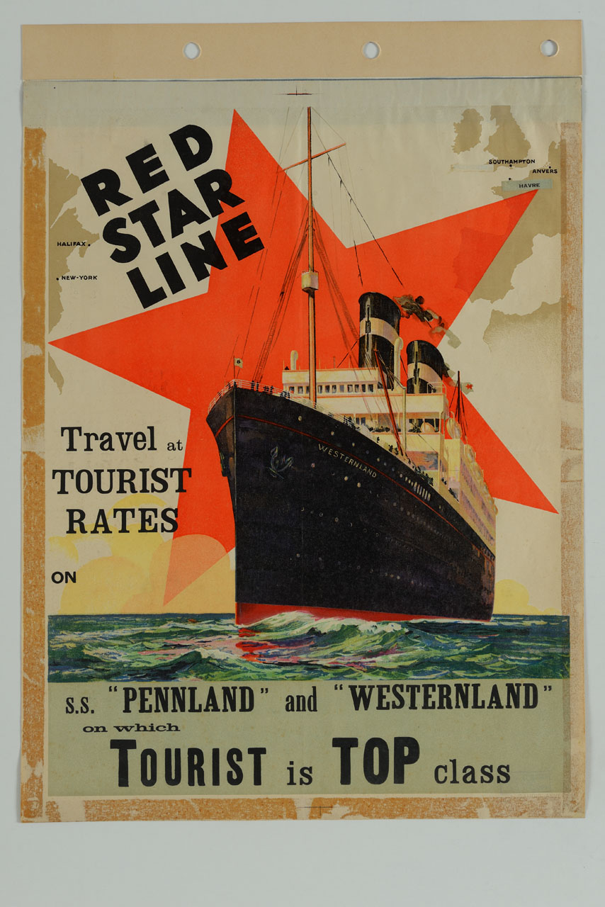 nave in mare aperto; sullo sfondo grande stella rossa, e continenti americano, europeo, africano (manifesto) - ambito inglese (sec. XX)