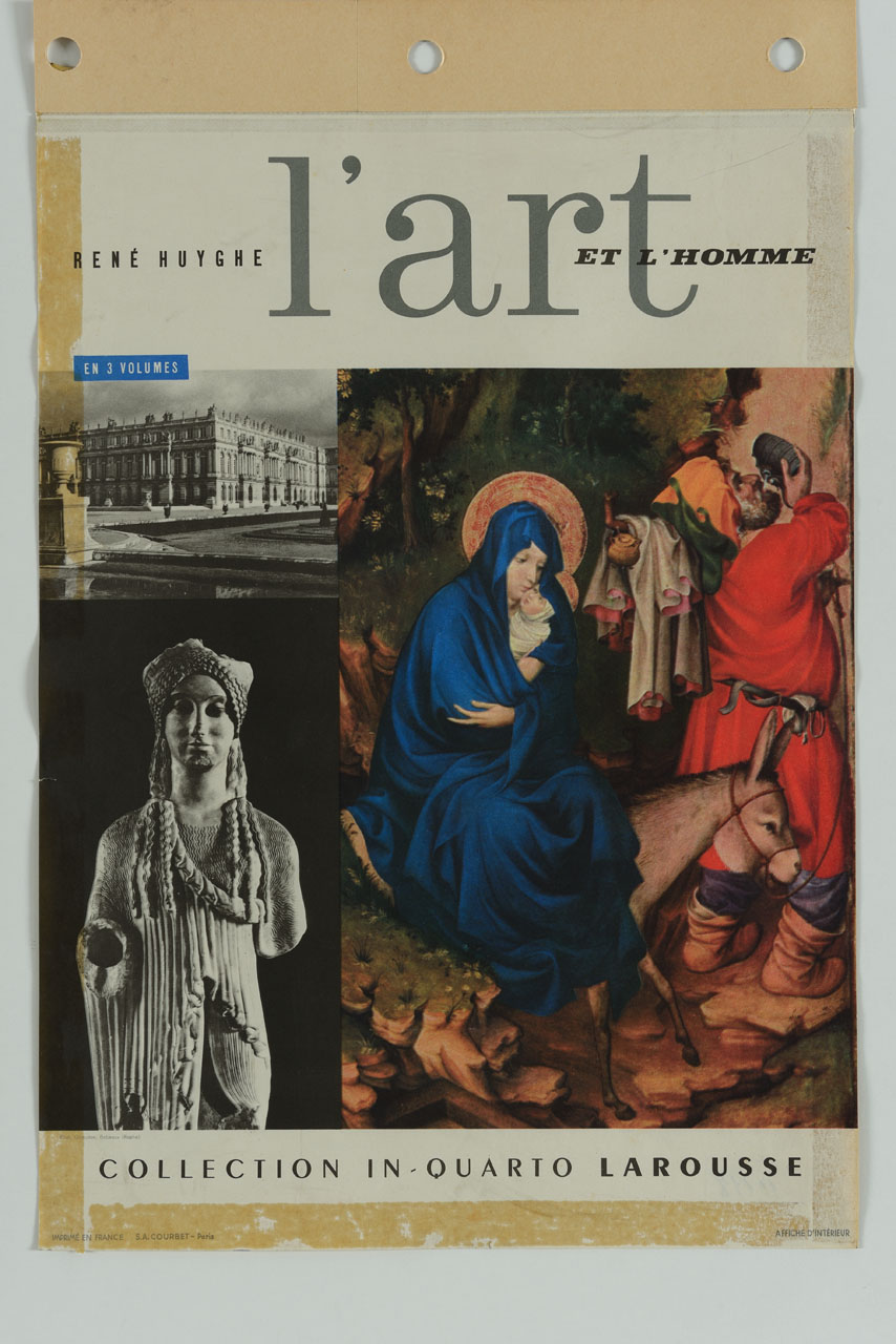 particolare di dipinto raffigurante La fuga in Egitto di Melchior Broederlam, vista della reggia di Versailles e kore arcaica (locandina) - ambito francese (sec. XX)