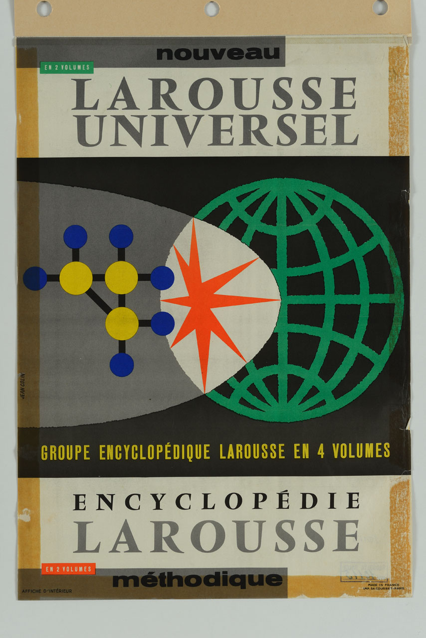 struttura molecolare, stella e sfera con meridiani e paralleli (locandina) di Colin Jean (sec. XX)