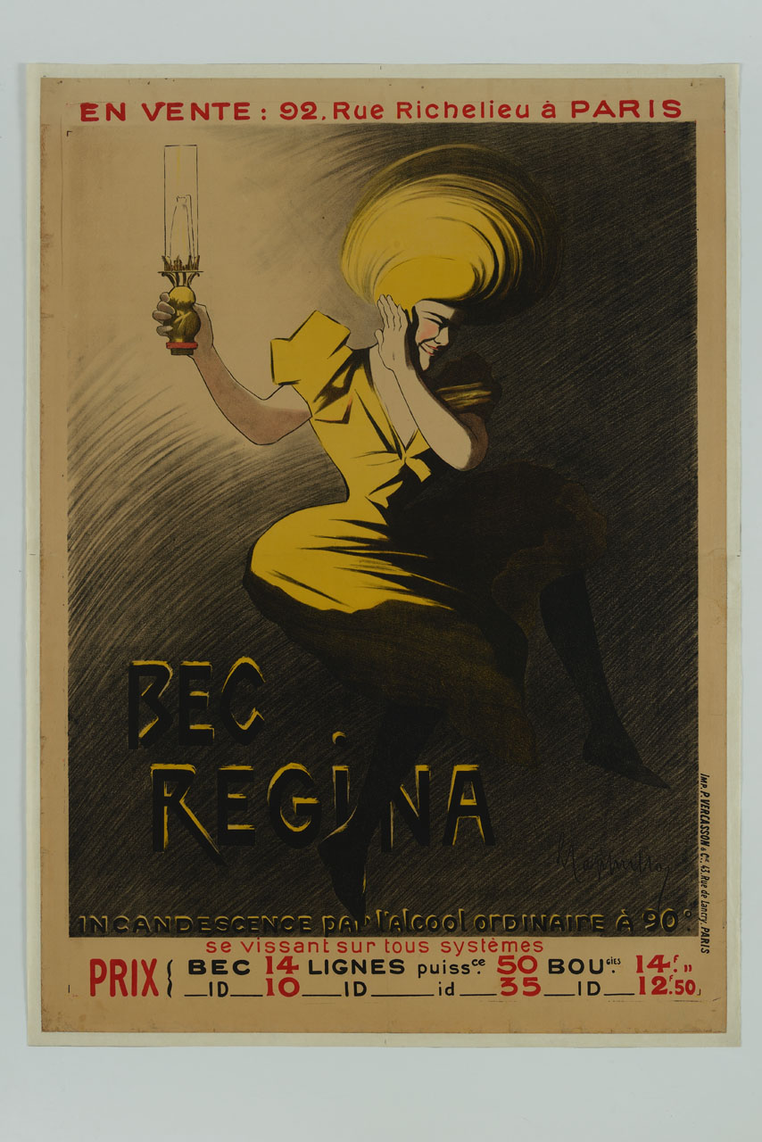 figura femminile abbagliata dalla luce di una lampada ad alcool (manifesto) di Cappiello Leonetto (sec. XX)