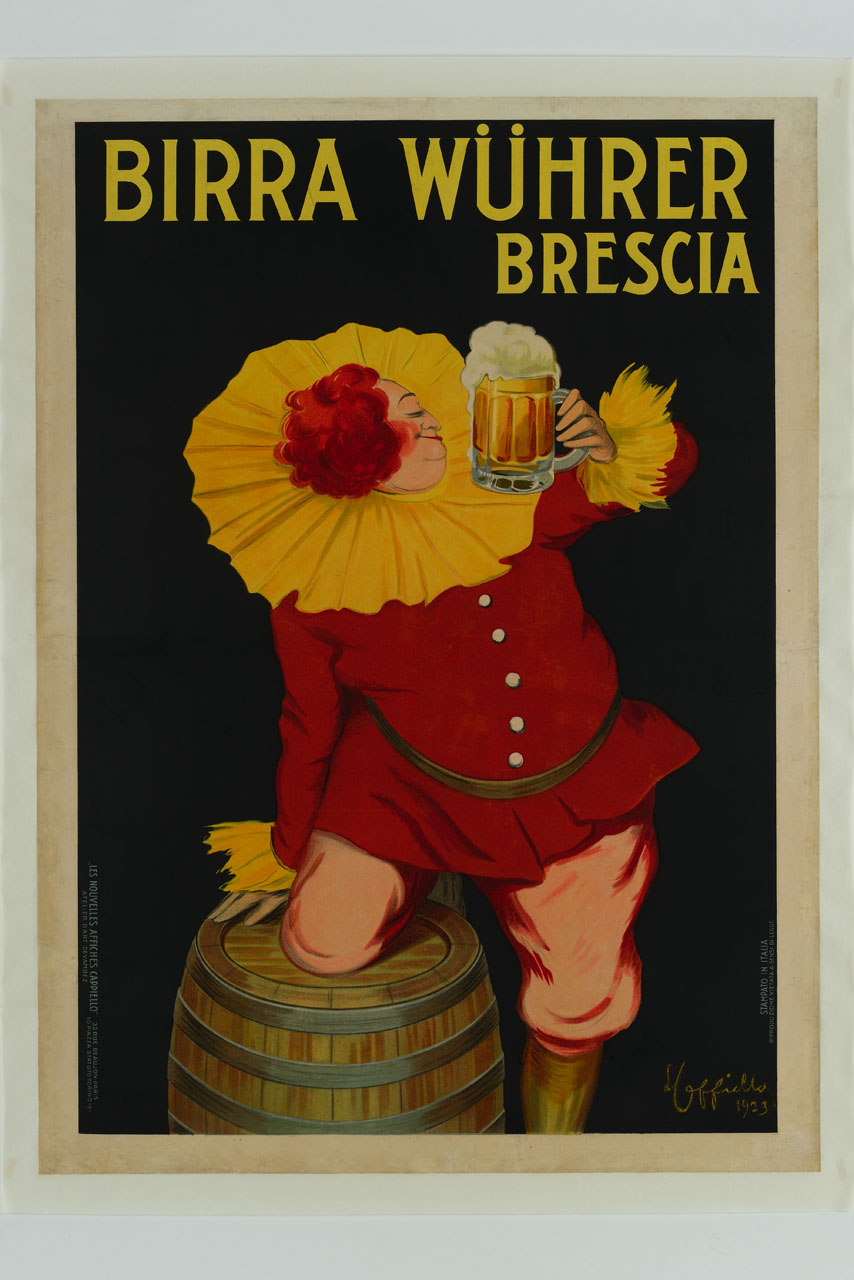 figura maschile con boccale di birra appoggiato ad una botte (manifesto) di Cappiello Leonetto (sec. XX)