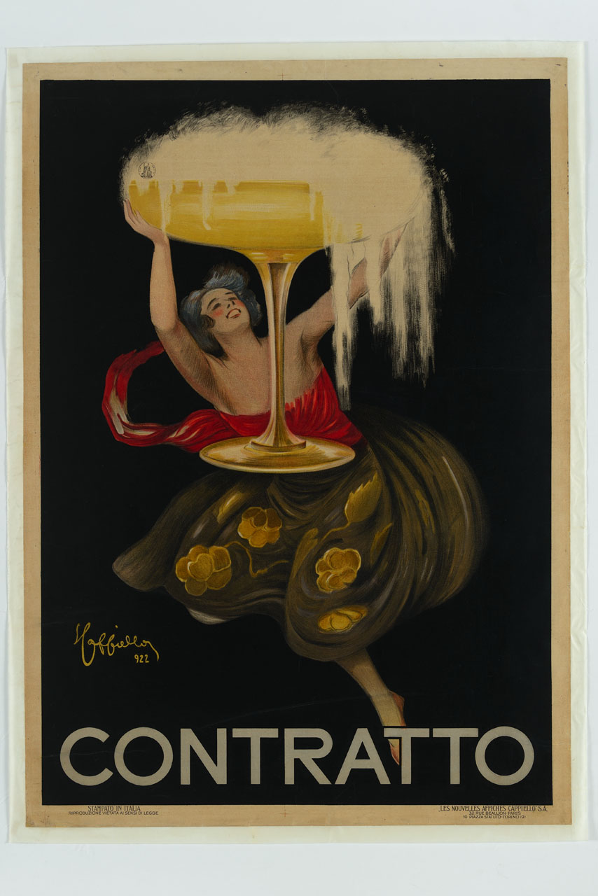 figura femminile che solleva un'enorme coppa ricolma di spumante (manifesto) di Cappiello Leonetto (sec. XX)